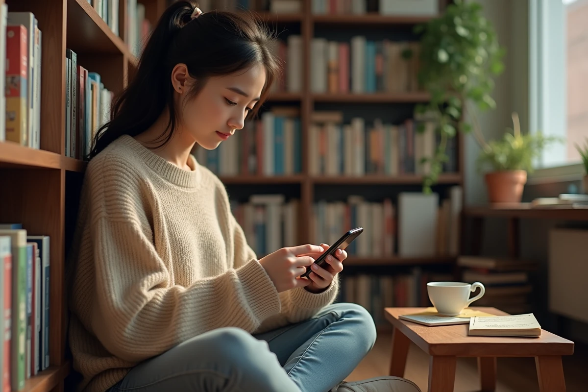 Jeune femme lisant un webtoon sur smartphone dans un appartement étudiant entouré de mangas
