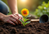 Mains plantant une fleur dans le sol riche en extérieur