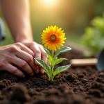 Mains plantant une fleur dans le sol riche en extérieur
