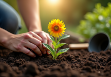 Mains plantant une fleur dans le sol riche en extérieur
