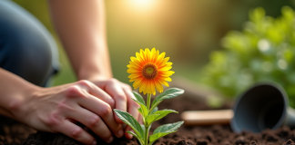 Mains plantant une fleur dans le sol riche en extérieur