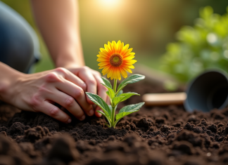 Mains plantant une fleur dans le sol riche en extérieur
