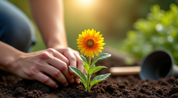 Mains plantant une fleur dans le sol riche en extérieur