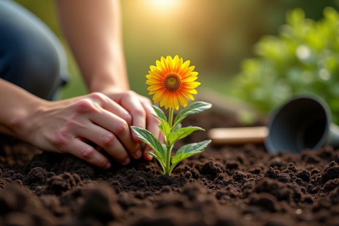 Mains plantant une fleur dans le sol riche en extérieur