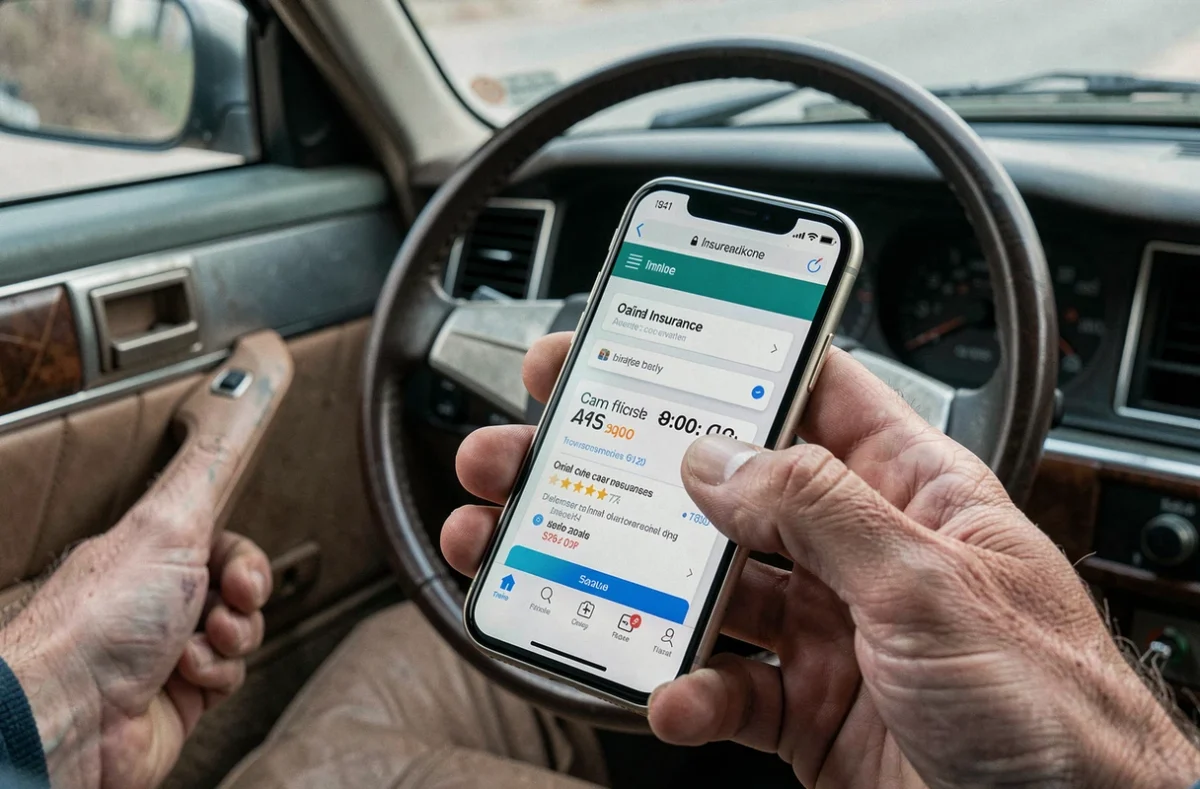 Gros plan de mains tenant un smartphone affichant un devis d'assurance auto en ligne dans l'habitacle d'une voiture d'occasion
