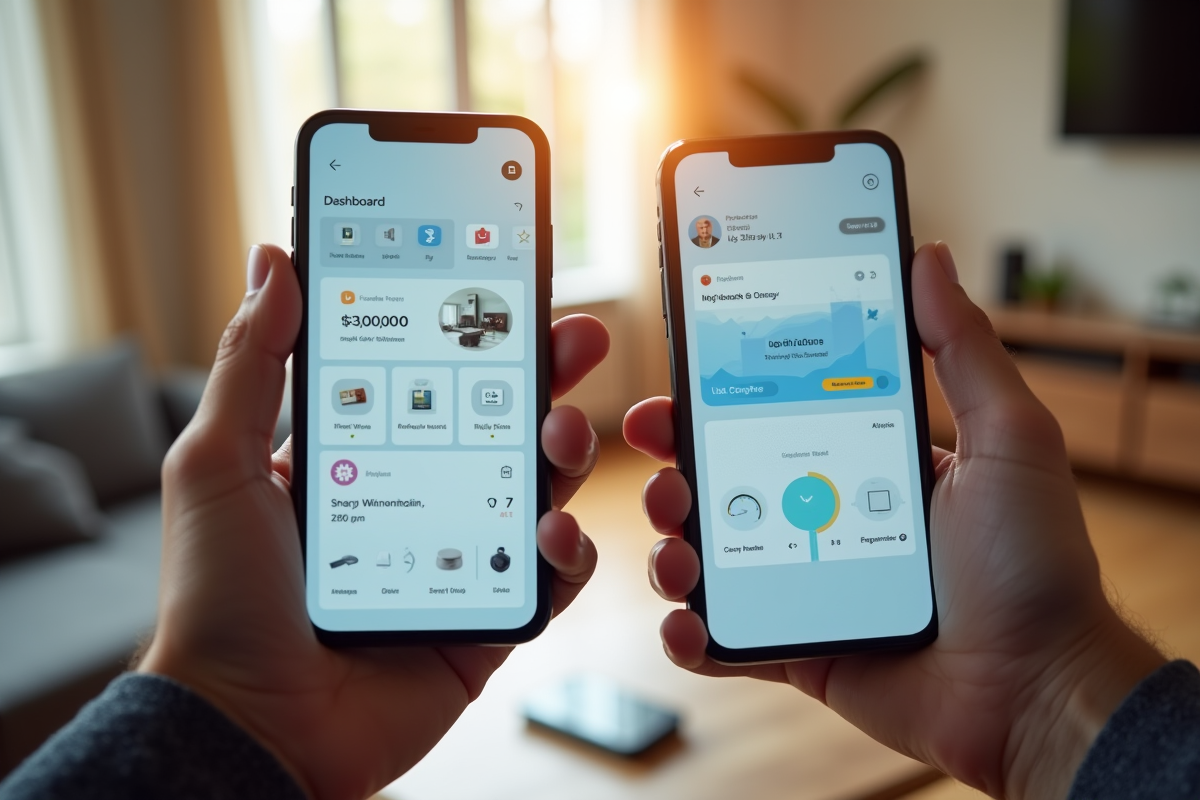 Mains tenant deux smartphones avec dashboard domotique