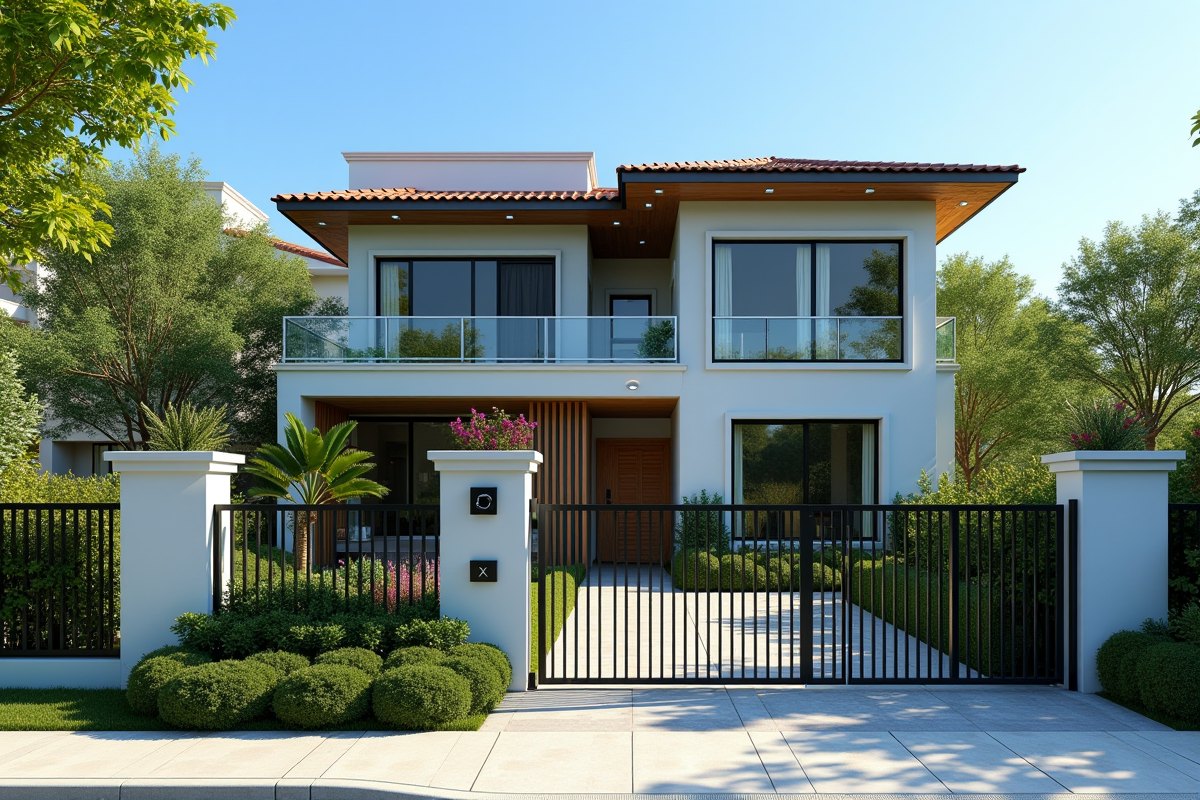 Maison moderne avec jardin verdoyant et clôture sécurisée