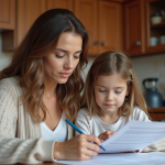 Maman et fille examinent des papiers dans la cuisine