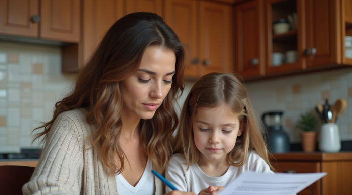 Maman et fille examinent des papiers dans la cuisine