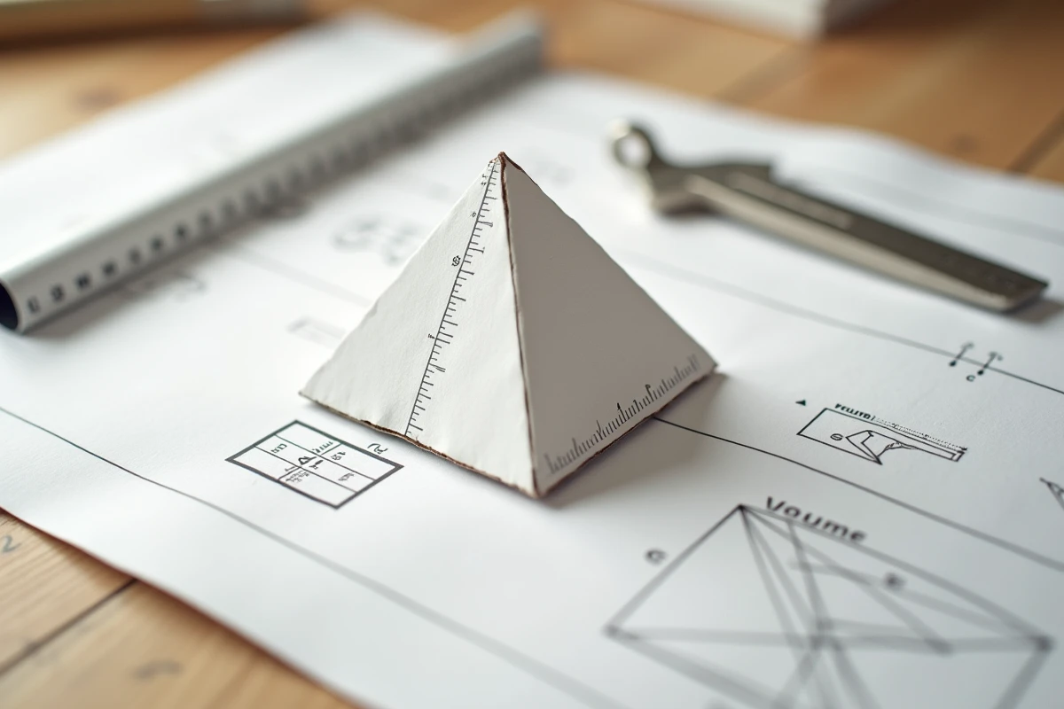 Maquette en carton d'une pyramide à base carrée avec outils de géométrie et fiche de calcul du volume sur une table à dessin
