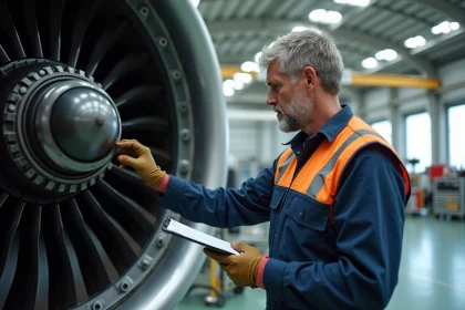M&eacute;canicien a&eacute;ronautique inspectant un moteur d'avion dans un hangar
