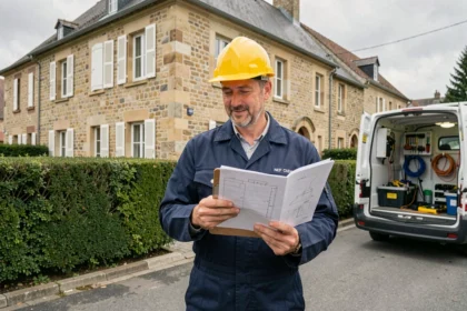Électricien professionnel devant une maison en Nièvre tenant un clipboard, illustrant le classement des meilleurs électriciens de la région