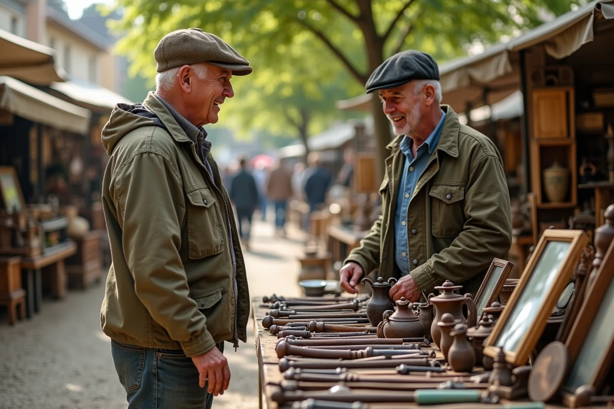 Homme négociant le prix d'outils anciens avec un vendeur à une brocante de village en Lot-et-Garonne