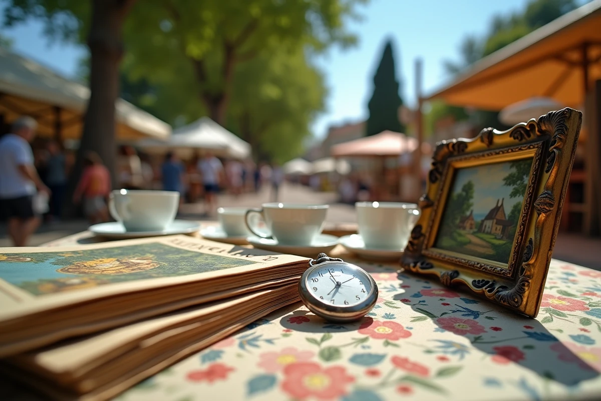 Gros plan sur des objets de brocante anciens disposés sur un étale en Lot-et-Garonne, montre de gousset et porcelaine vintage