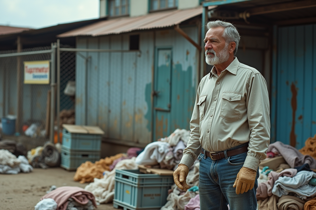 Homme avec gants regardant des déchets textiles en extérieur
