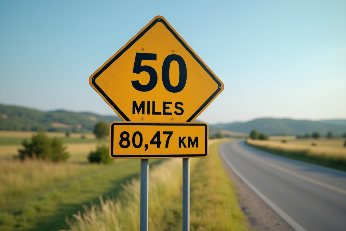 Panneau routier indiquant 50 miles et 80,47 km en extérieur en journée