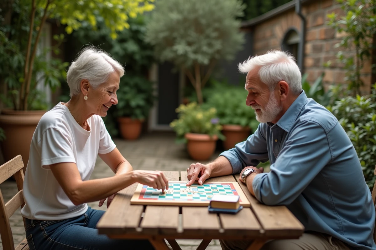 Deux adultes jouant au Scrabble en plein air dans un jardin avec un dictionnaire pour trouver des mots
