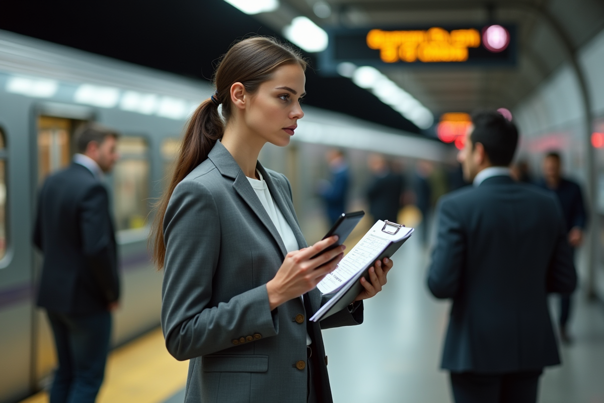 Jeune femme professionnelle sur plateforme de train