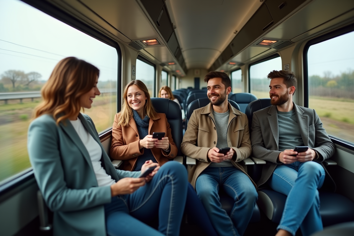 Groupe de passagers dans un train TGV en voyage
