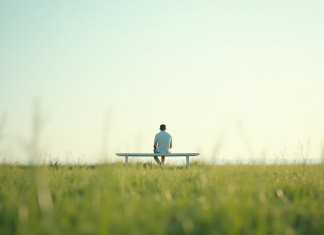Personne assise paisiblement sur un banc blanc dans un champ