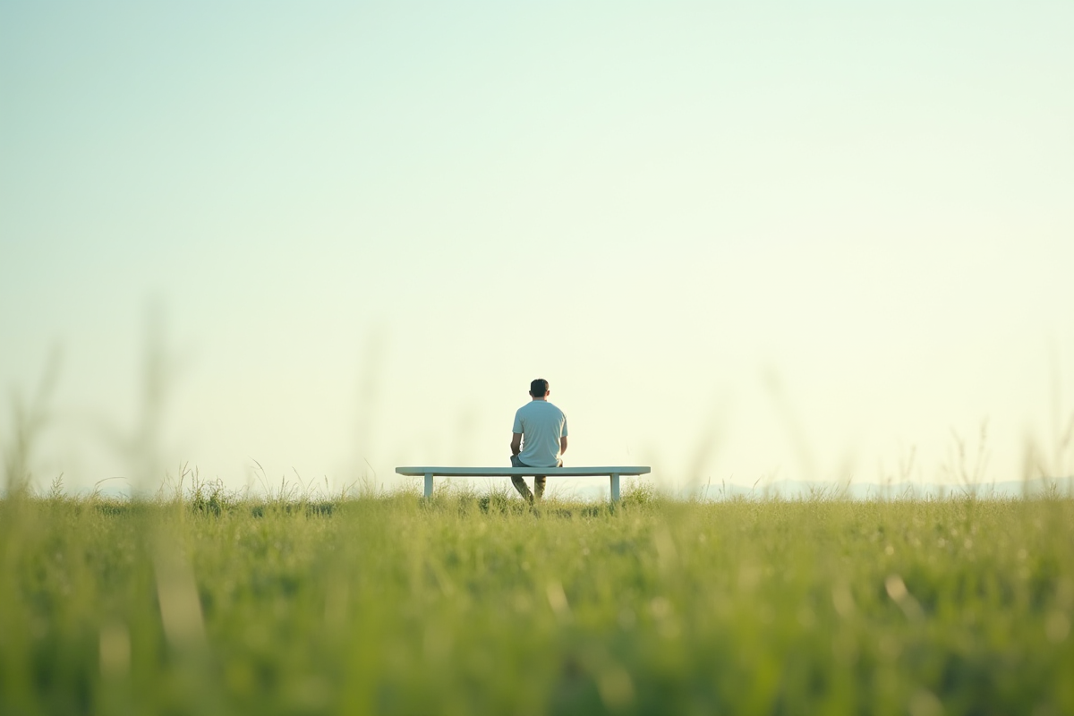 Personne assise paisiblement sur un banc blanc dans un champ