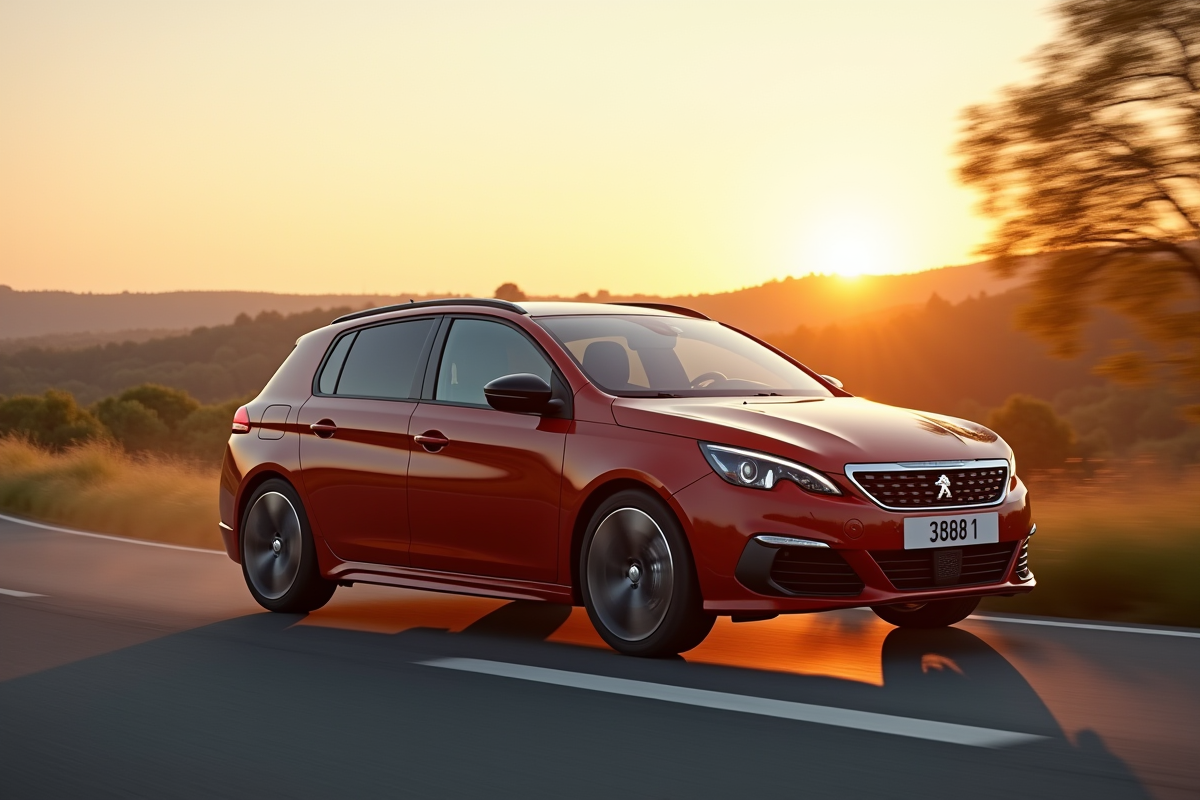 Peugeot 308 en conduite sur route de campagne au coucher du soleil