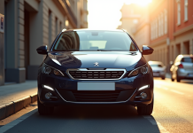 Peugeot 308 2015 stationnée en ville avec reflet naturel