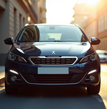 Peugeot 308 2015 stationnée en ville avec reflet naturel