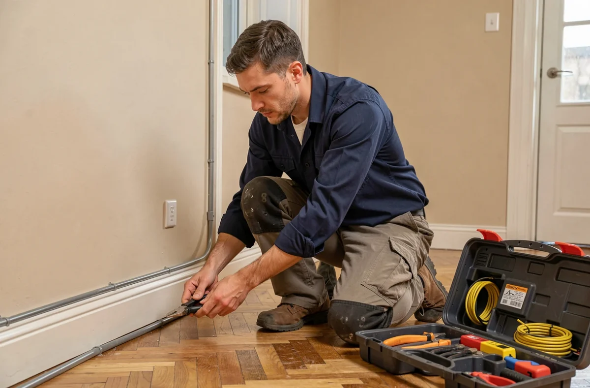 Technicien PhilServElec posant des conduits électriques dans une maison en rénovation