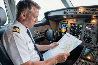Pilote de ligne en cockpit étudiant une carte de navigation avec indicateurs de vitesse en nœuds et kilomètres par heure