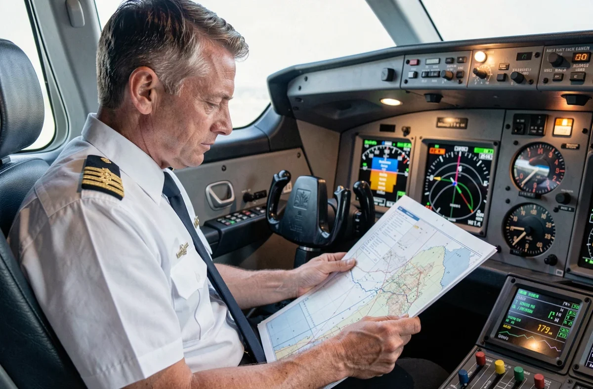 Pilote de ligne en cockpit étudiant une carte de navigation avec indicateurs de vitesse en nœuds et kilomètres par heure