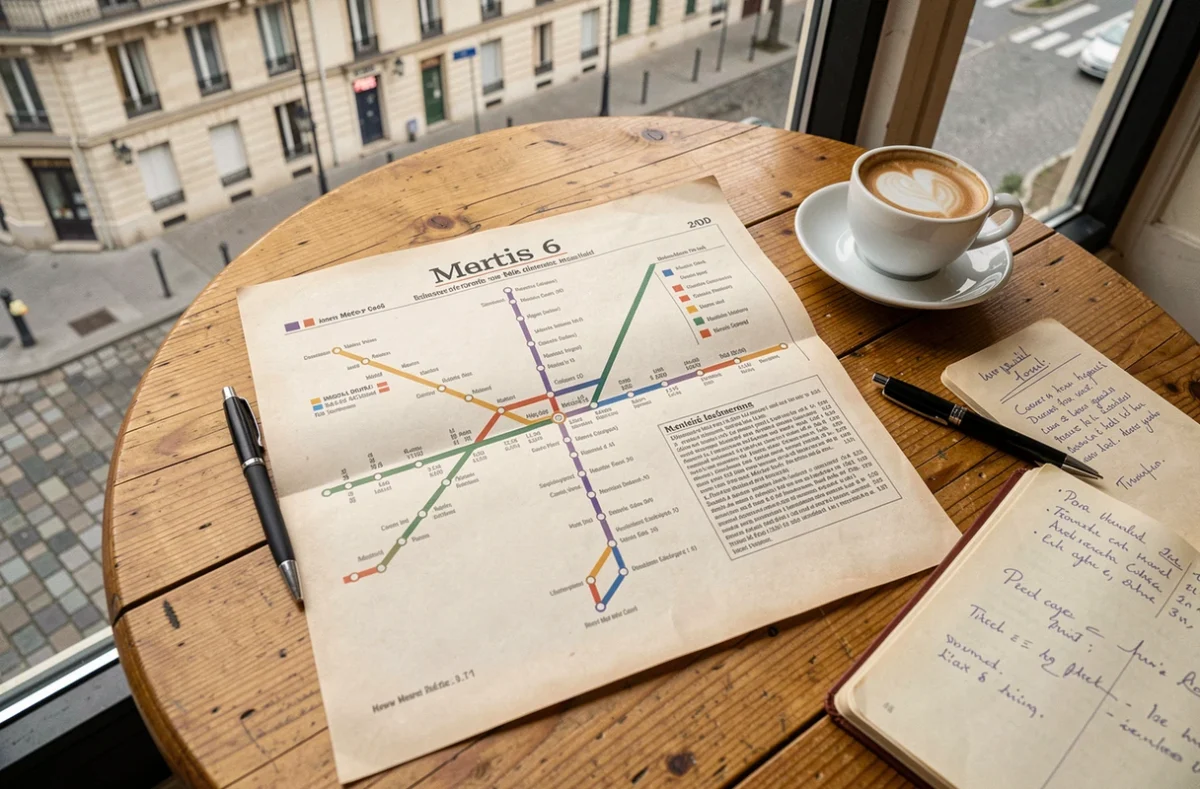 Plan imprimé de la ligne 6 du métro de Paris posé sur une table de café avec un expresso