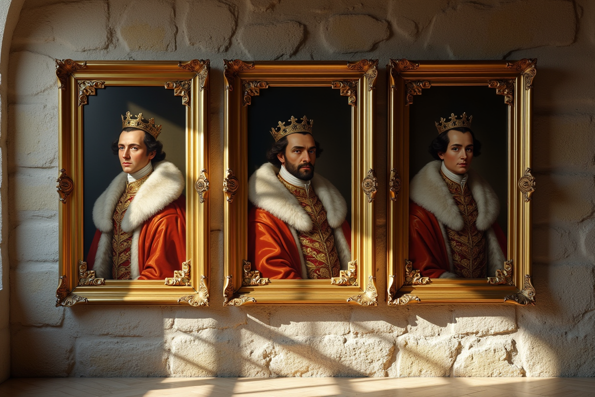 Portraits royaux français dans des cadres dorés sur un mur en pierre