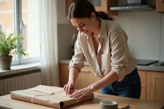 Femme préparant un colis Vinted en emballant un vêtement dans du papier kraft sur une table en bois