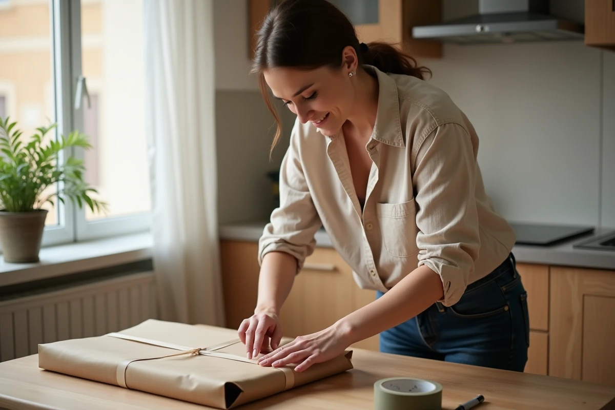 Femme préparant un colis Vinted en emballant un vêtement dans du papier kraft sur une table en bois