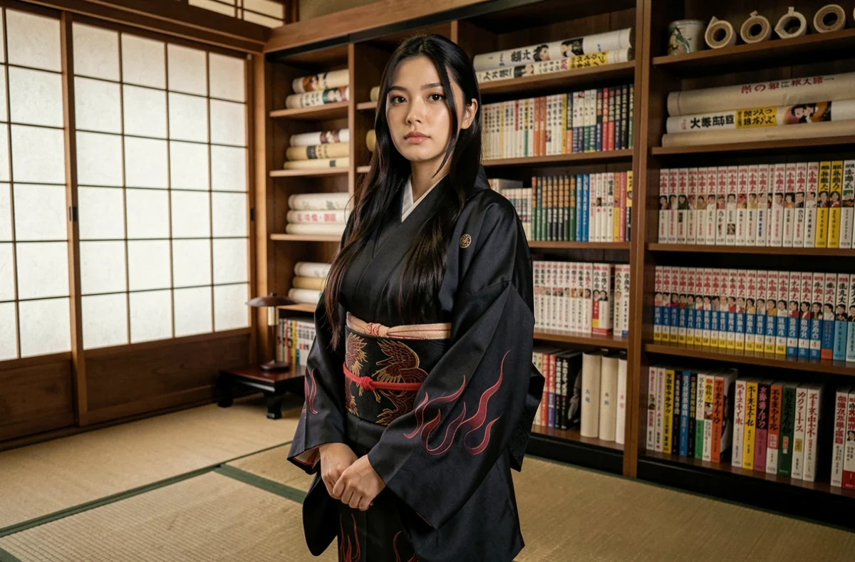 Jeune femme en kimono sombre brodé de flammes dans une bibliothèque japonaise traditionnelle, évoquant l'univers du manga Princess of Black Flame
