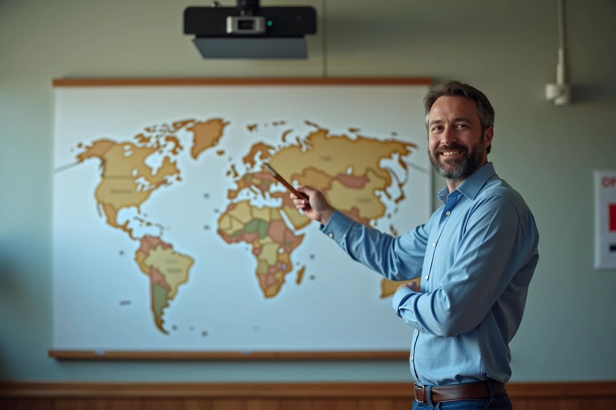 Professeur de géographie pointant une grande carte du monde vierge muette accrochée au mur d'un amphithéâtre universitaire