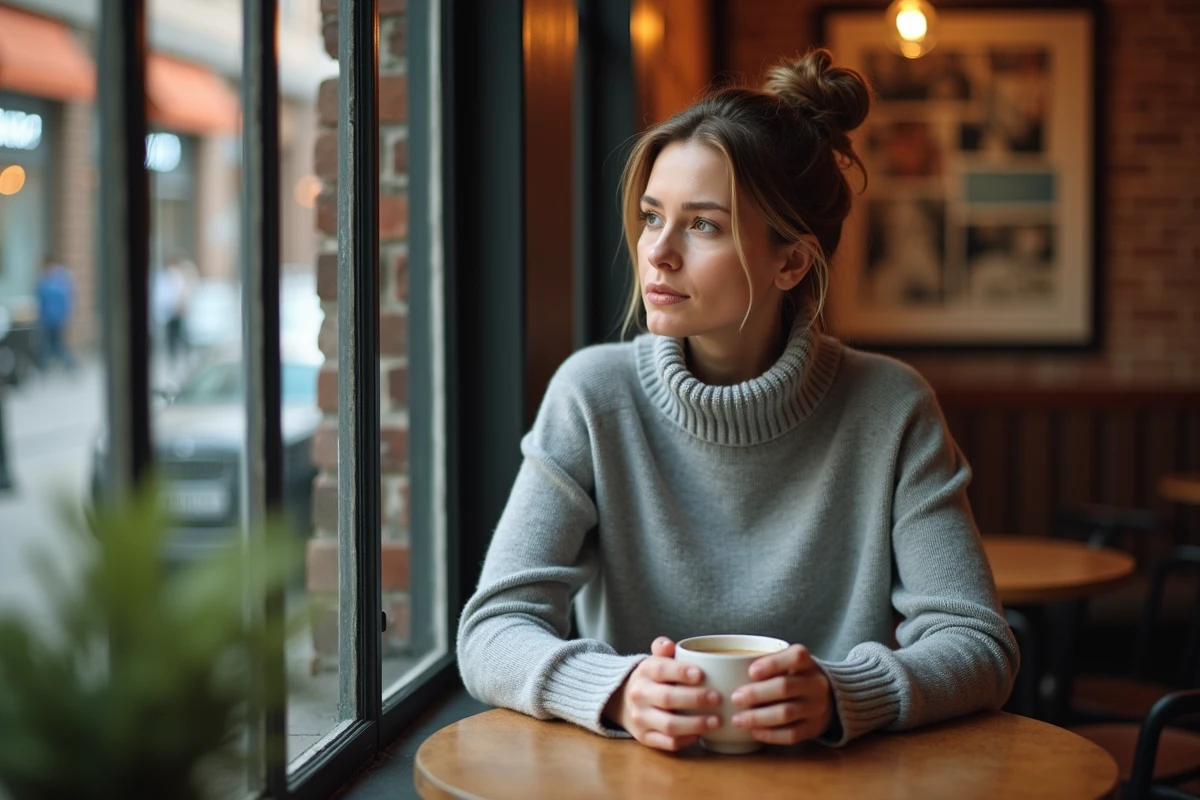 Journaliste femme pensive dans un café parisien, moment de vie authentique et intimiste