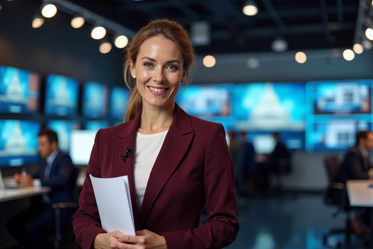 Femme journaliste dans une salle de rédaction télévisée, ambiance reportage authentique