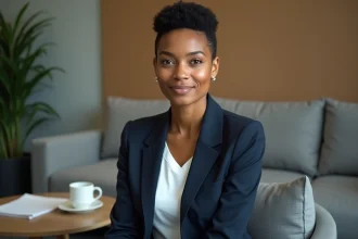 Journaliste femme confiante en studio de télévision, portrait 3/4 naturel et authentique