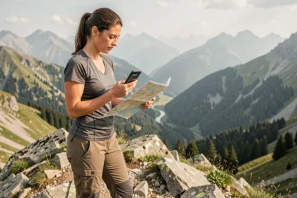 Randonneuse consultant l'application Geoportail sur smartphone au sommet d'une crête montagneuse pour planifier son itinéraire