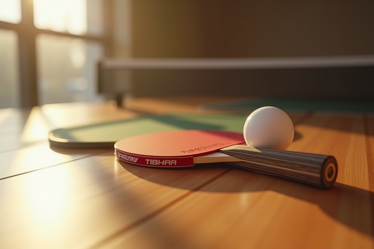 Raquette Tibhar posée sur une table en bois avec balle blanche