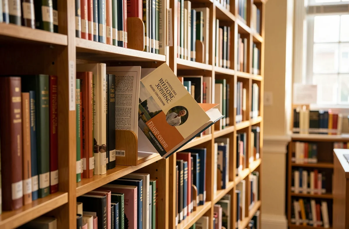 Rayonnage de bibliothèque universitaire avec un ouvrage collectif à moitié sorti