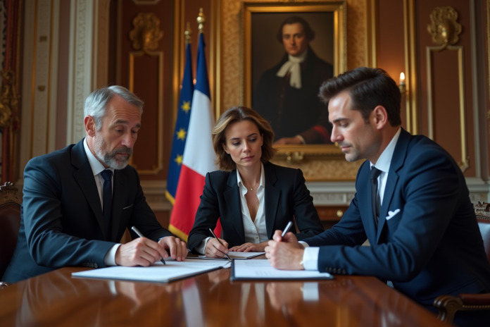 reunion-officielle-france Trois adultes en costume dans une réunion officielle en France