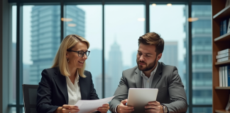 Comparatif détaillé des tarifs de syndic de copropriété en 2025 Femme et homme en réunion dans un bureau moderne