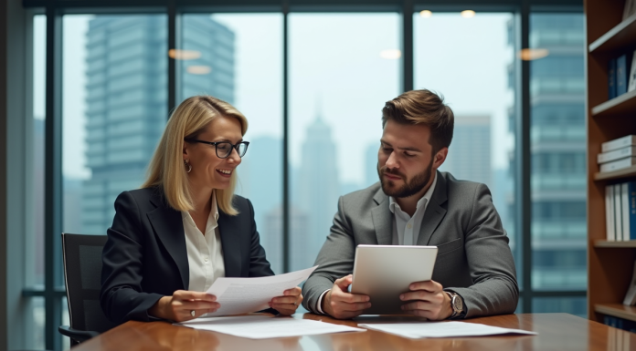Comparatif détaillé des tarifs de syndic de copropriété en 2025 Femme et homme en réunion dans un bureau moderne