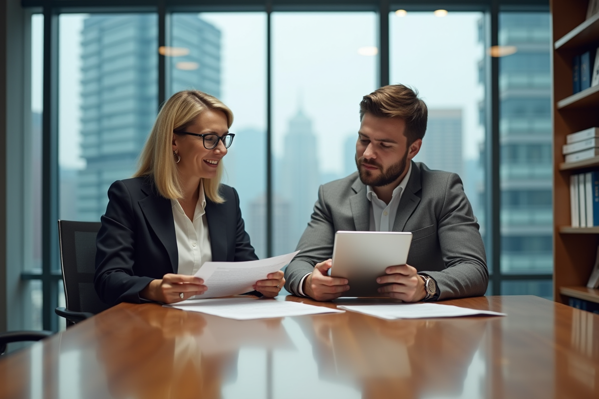 Femme et homme en réunion dans un bureau moderne