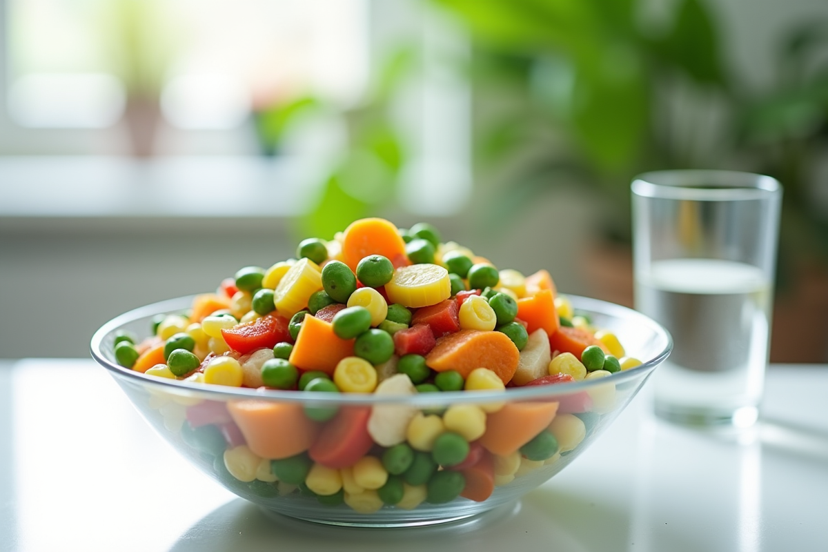 Salade de légumes colorés dans un bol avec petits pois et carottes en arrière-plan