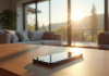 Salon moderne avec smartphone affichant apps domotique