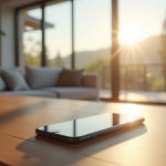 Salon moderne avec smartphone affichant apps domotique